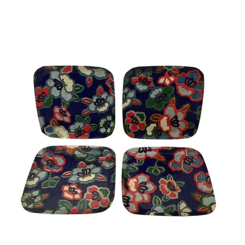 Set of 4 Floral Square Small Decor Plates Blue Red White Gold Gilded Trinkets
